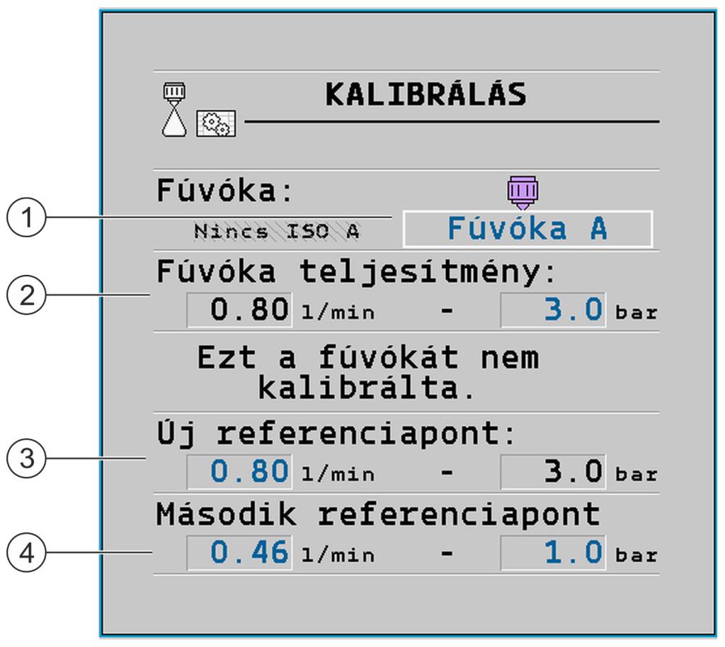 A vezérlő számítógép konfigurálása A fúvókák konfigurálása nyomásszenzoros szabályzással működő permetezőknél 7 A Kalibrálás maszk A kiválasztott fúvóka A fúvóka aktuális kibocsátása.