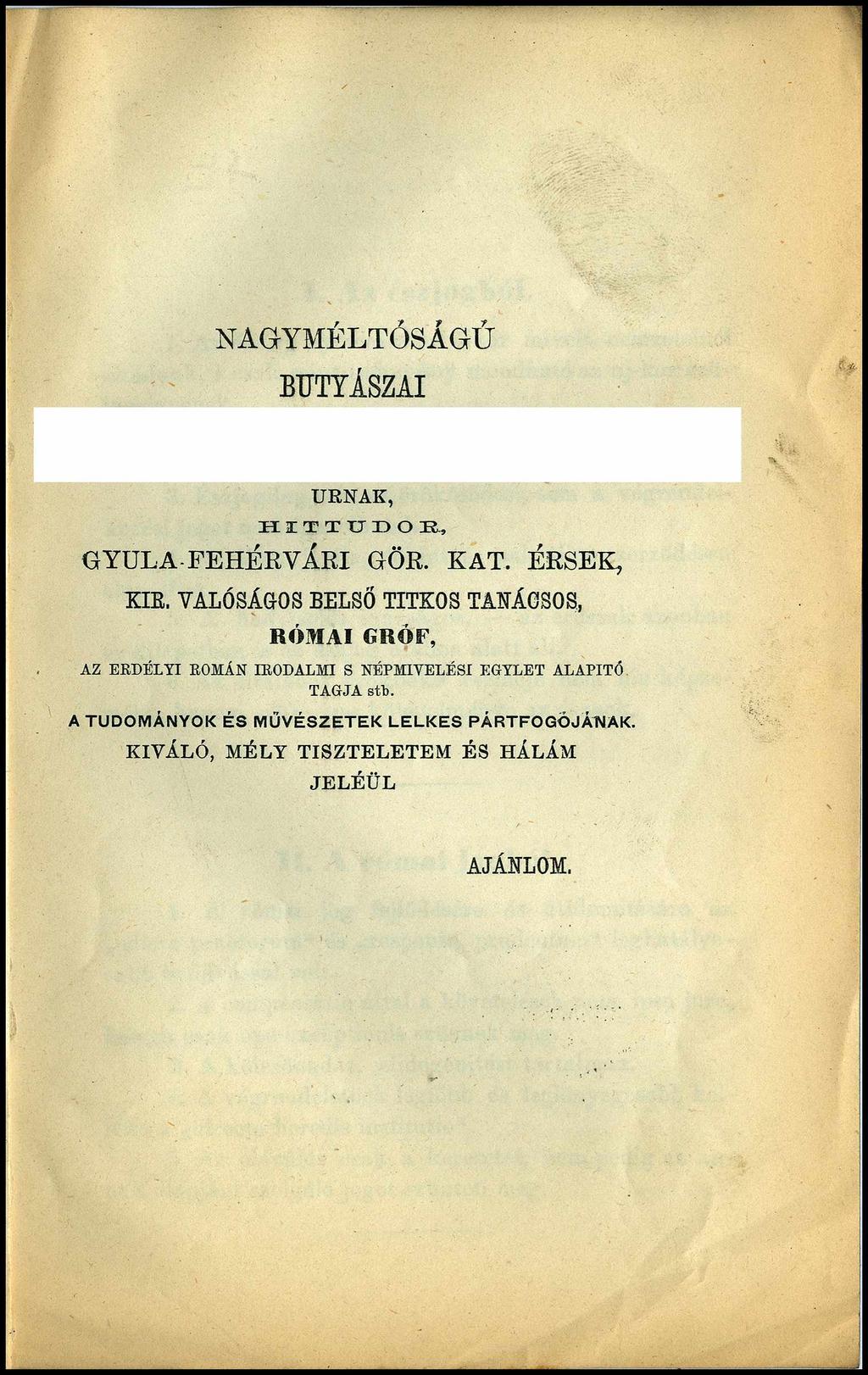 NAGYMÉLTÓSÁGÚ B U T Y Á S Z A I URNÁK, HITTUDOR, GYULA FEHÉRVÁRI GÖR. KÁT. ÉRSEK, KIÉ.