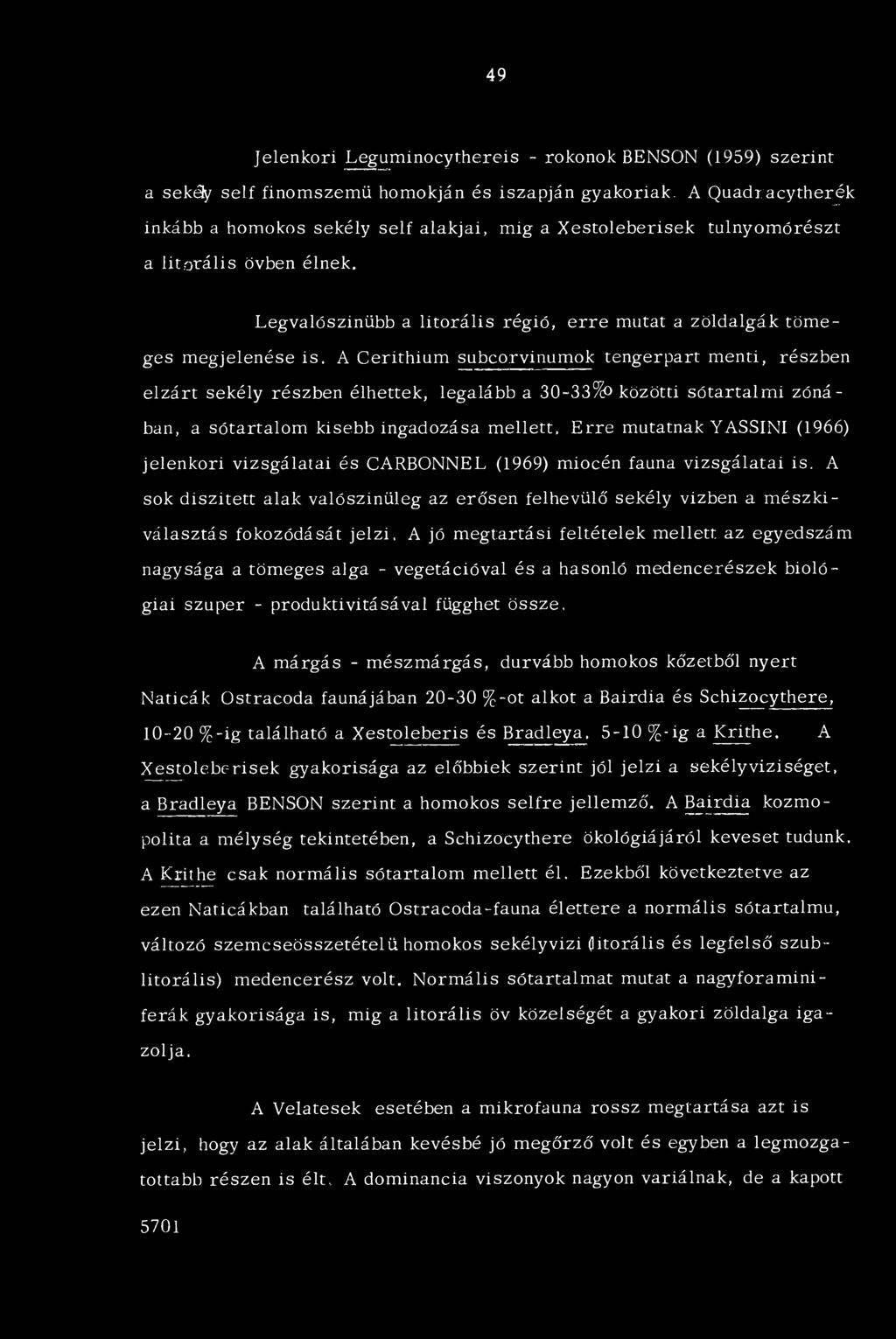 A Cerithium subeorvinumok tengerpart menti, részben elzárt sekély részben élhettek, legalább a 30~33%9 közötti sótartalm i zónában, a sótartalom kisebb ingadozása mellett, Erre mutatnak YASSINI