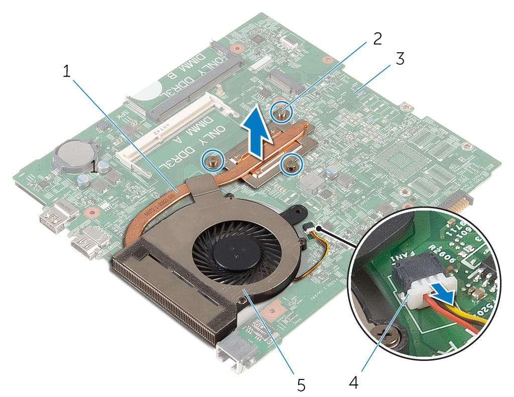 1. cooling assembly 2. captive screws (3) 3. system board 4. fan cable 5. fan 4.