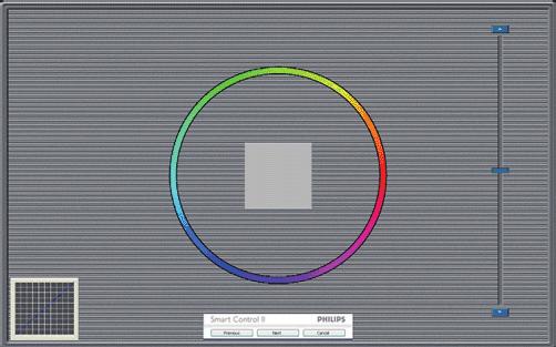 Első színkalibrációs képernyő: Az Previous (előző) gomb le van tiltva, amíg a második szín képernyőre nem lépett.