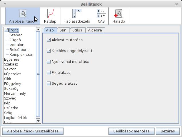 A Beállítások menüpontra kattintva megjelenik egy ablak, melynek jobb oldalán a munkalap összes alakzata elérhető, illetve módosíthatjuk a következő ábrán látható beállításokat a kijelölt alakzattal