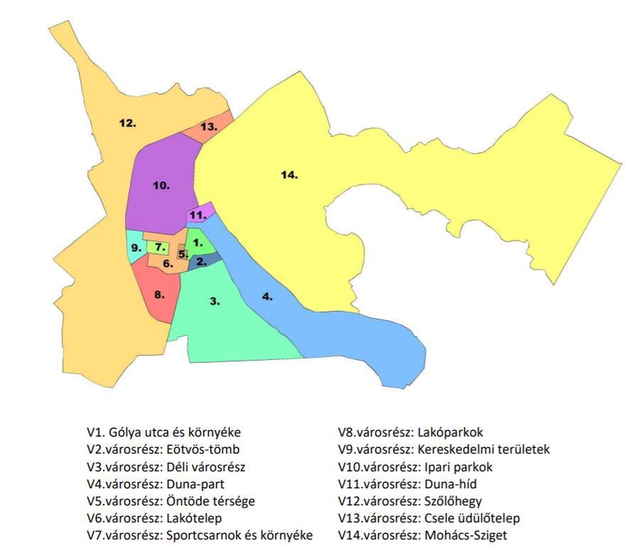 46 3.2.3 A fejlesztési célok értelmezése az egyes településrészekre Mohács szerkezetileg, városképi arculatában, karakterében és területhasználati jellemzői alapján, 14 városrészből áll. 3-4.