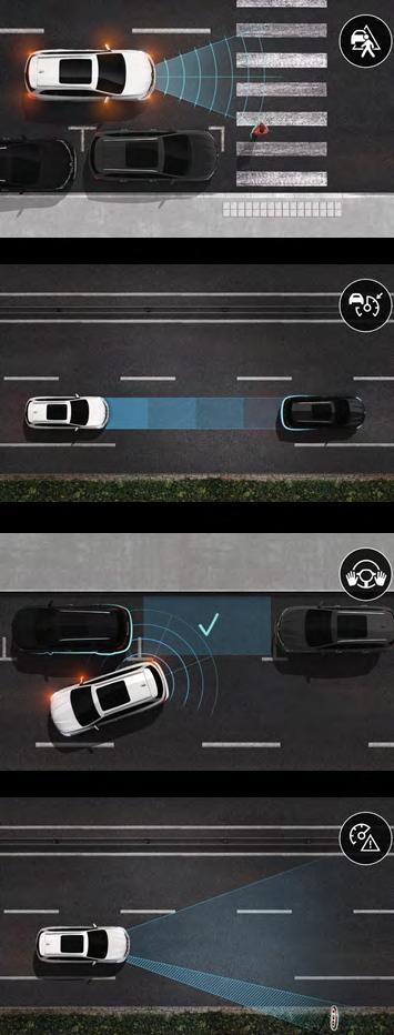 VEZETÉSTÁMOGATÓ RENDSZEREK Aktív vészfékező rendszer gyalogosérzékelővel Az autó orrába épített radarnak köszönhetően a követési távolságot figyelmezteti a sofőrt, ha nem tartja a biztonságos