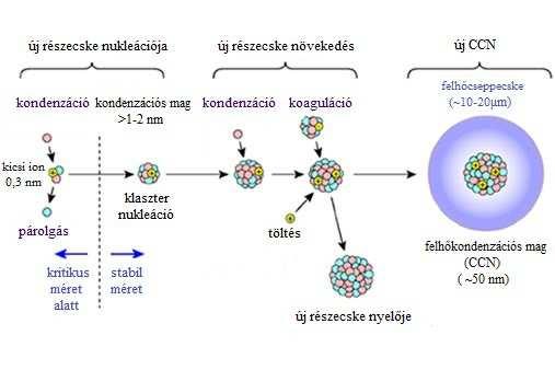 1. ábra: A légköri nukleáció és a keletkezett aeroszol részecskék növekedésének folyamata (Pedersen, 2012.) A növekedés kb. 1,1 1,3 nm-es átmérő eléréséig tart.