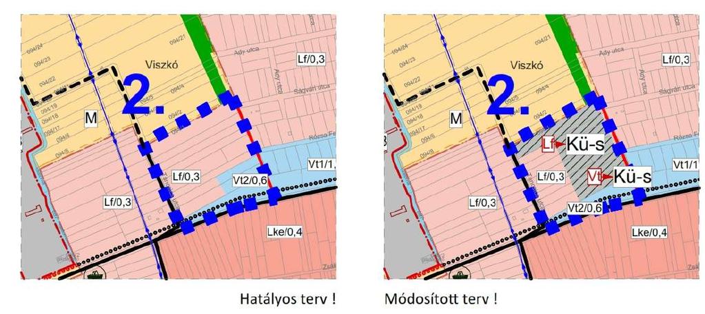 2. Módosításra kijelölt területek Belterületen, a Táncsics-Vasút-90 hrsz-ú út és a belterületi határvonal által közrezárt tömb Rendezés célja és oka Lf-1 építési övezet átsorolása beépítésre szánt