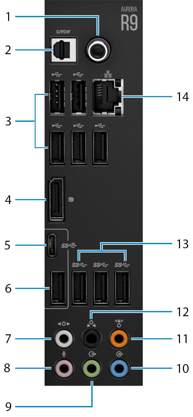 Hátsó panel 1. Koaxiális S/PDIF-port Csatlakoztasson erősítőt, hangszórót vagy tévékészüléket a koaxiális kábelen keresztül biztosított digitális hangkimenethez. 2.