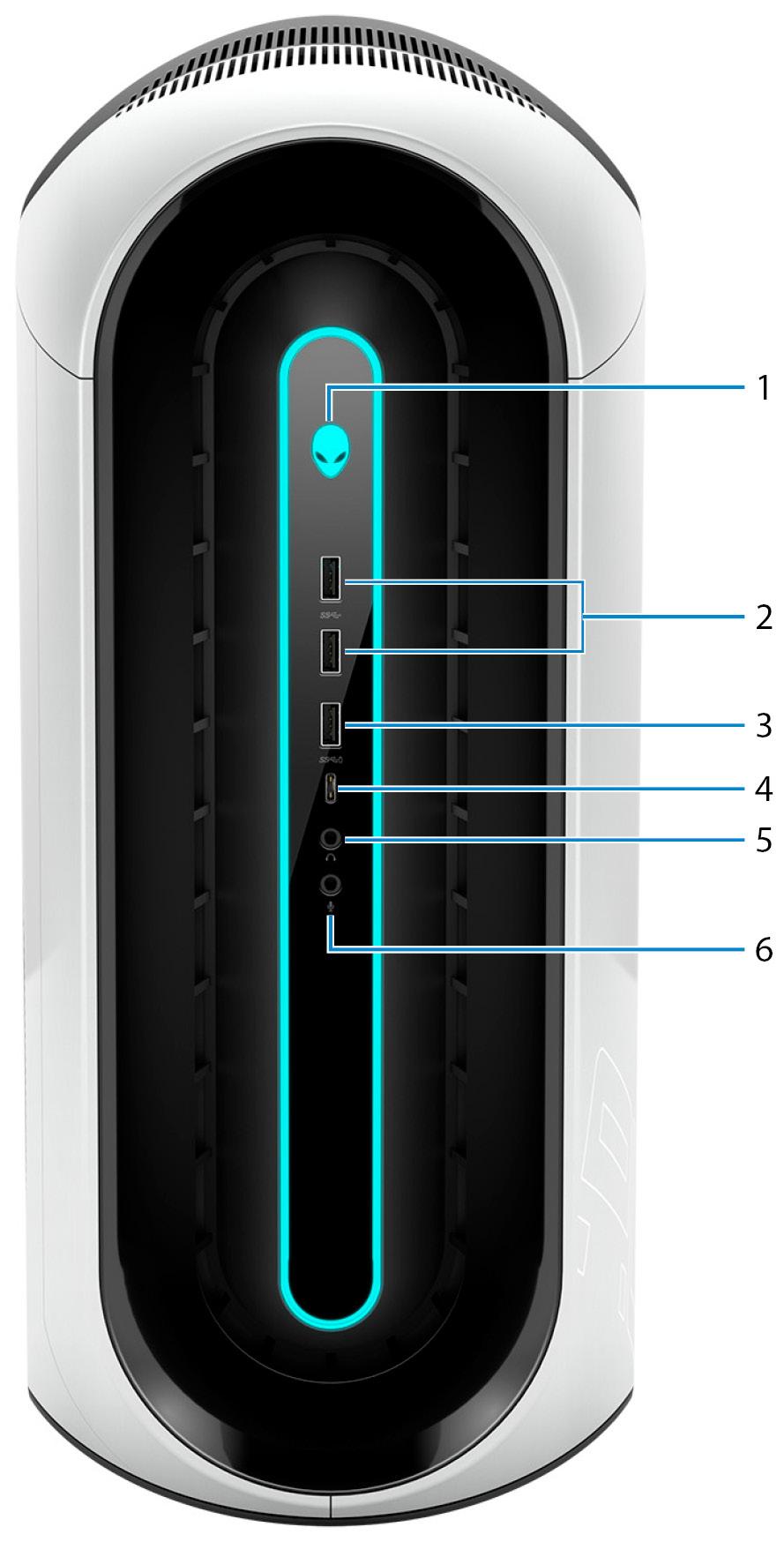 Az Alienware Aurora R9 különböző nézetei 2 Elöl 1. Bekapcsológomb (Alienhead) Nyomja meg a számítógép bekapcsolásához, ha az kikapcsolt, alvó vagy hibernált állapotban van.