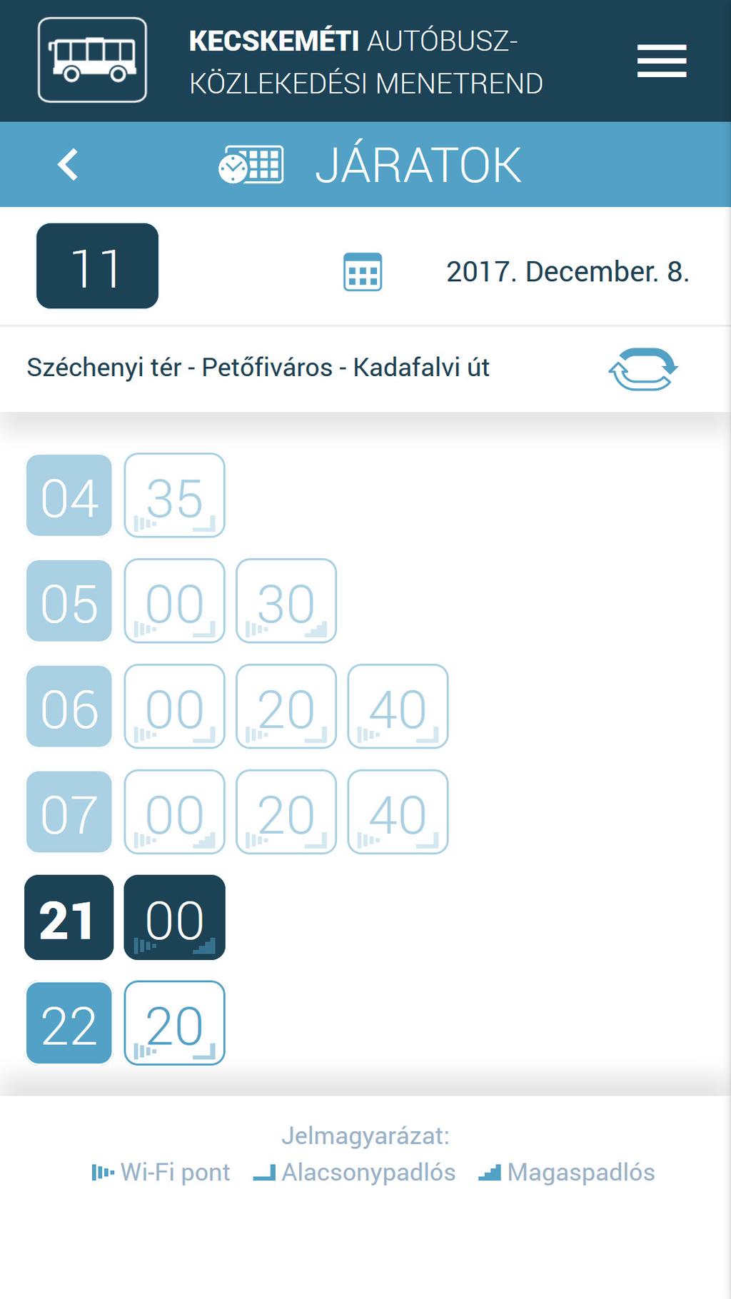 2.2. Járatok oldal A kiválasztott vonal és az aktuális/beállított dátum. Az útvonal leírása, valamint a hozzá tartozó irány megjelenítése.