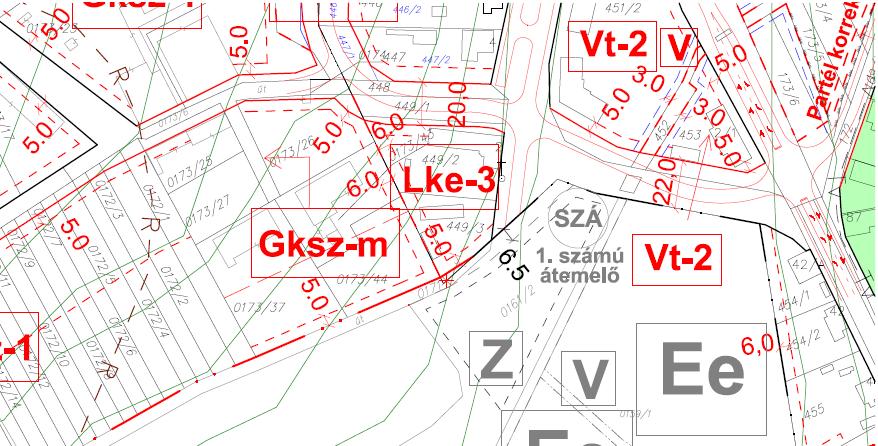 Tervjavaslat A fenti önkormányzati módosítási indítványt figyelembe véve a hatályos szabály o- zási terv (Bel-; és külterületet ábrázoló tervlapja) az alábbiak szerint módosul: 7.sz. ábra --- Hatályos belterületi szabályozási tervkivonat ma= ~1:2000 8.