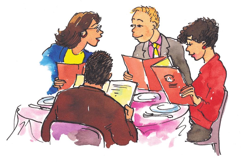 20a Yo tomo el menú del día María, Antonio, Teresa és Müller úr most az étteremben ülnek. A pincérnõ épp az asztalhoz lép, és átadja az étlapokat. Camarera: El resto: Buenos días!