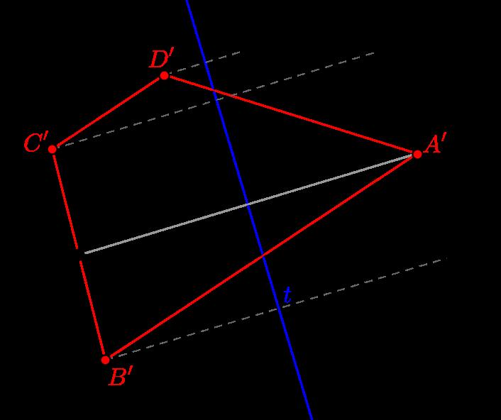 Egybevágóság szerkesztések 1. Adott az ABCD trapéz, alapjai AB és CD. Szerkesszük meg a vele tengelyesen szimmetrikus trapézt, ha az A csúcs tükörképe a BC oldal középpontja.