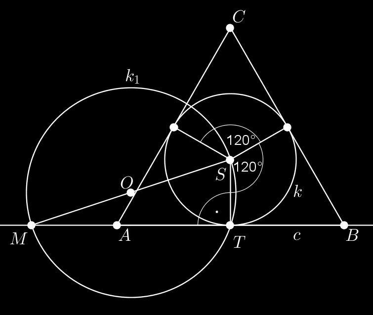 adatok felvétele: M pont és a k (S; r) kör; 2. O az MS szakasz középpontja; 3. k 1 (O; r 1 = OS) kör; 4. T a k 1 és k körök metszéspontja; 5. c = MT egyenes; 6.