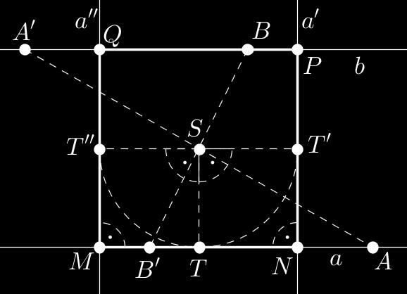 (a) adatok felvétele: MP N = 45 szög, A és B pont a feltételnek megfelelően, d = 3 cm hosszú szakasz; (b) A az A pont P M egyenesre vonatkozó tükörképe; (c) A az A pont d hosszúságú, P M irányú