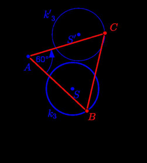 adatok felvétele: k (S; r) kör, p egyenes, d hosszúságú szakasz; 2. k kör a k kör d hosszúsággal p-vel párhuzamosan felfelé irányban való eltoltja; 3. B a k és k kör metszéspontja; 4.