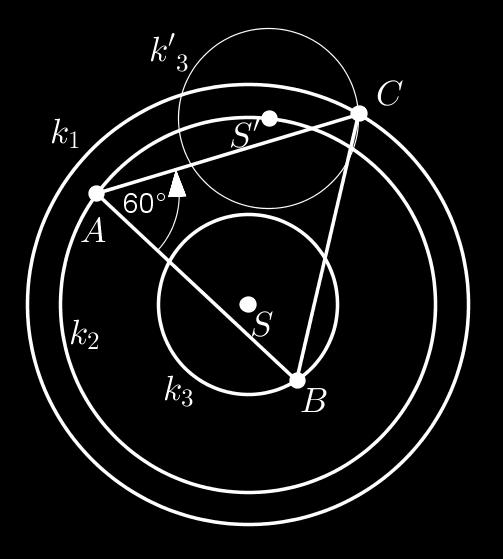 Szerkesszünk egyenlő oldalú ABC háromszöget úgy, hogy a csúcsai egy-egy körre illeszkedjenek. 1. adatok felvétele: k 1, k 2, k 3 koncentrikus körök; 2. A a k 2 körre illeszkedik; 3.