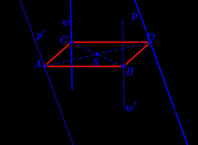 Adott a k körvonal, a t háromszög, a w szakasz, a p egyenes és az S pont.