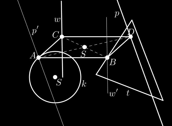 a w szakaszra és a negyedik csúcsa pedig a p egyenesre illeszkedjen. A D, illetve a C pont S pontra vonatkoztatott tükörképe A, illetve B pont.