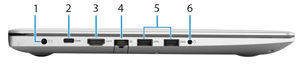 Bal oldali nézet Az Inspiron 3593 különböző nézetei 2 1. Tápadapterport A gép tápellátásához csatlakoztasson egy adaptert. 2. USB 3.