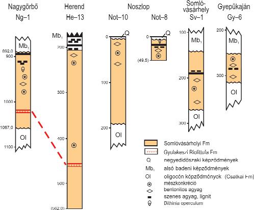 159 gyakran kagylós szemcsés elválásúak. Helyenként leginkább a szenes agyag rétegek környezetében, édesvízi molluszkák (Brotia escheri (BRONGN.), Pomatias sp., Planorbis sp.