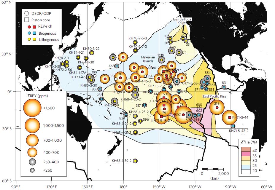 7. ábra: Ritkaföldfém-tartalmú plágikus üledékek eloszlása a Csendes-óceánban (forrás: KATO et al.