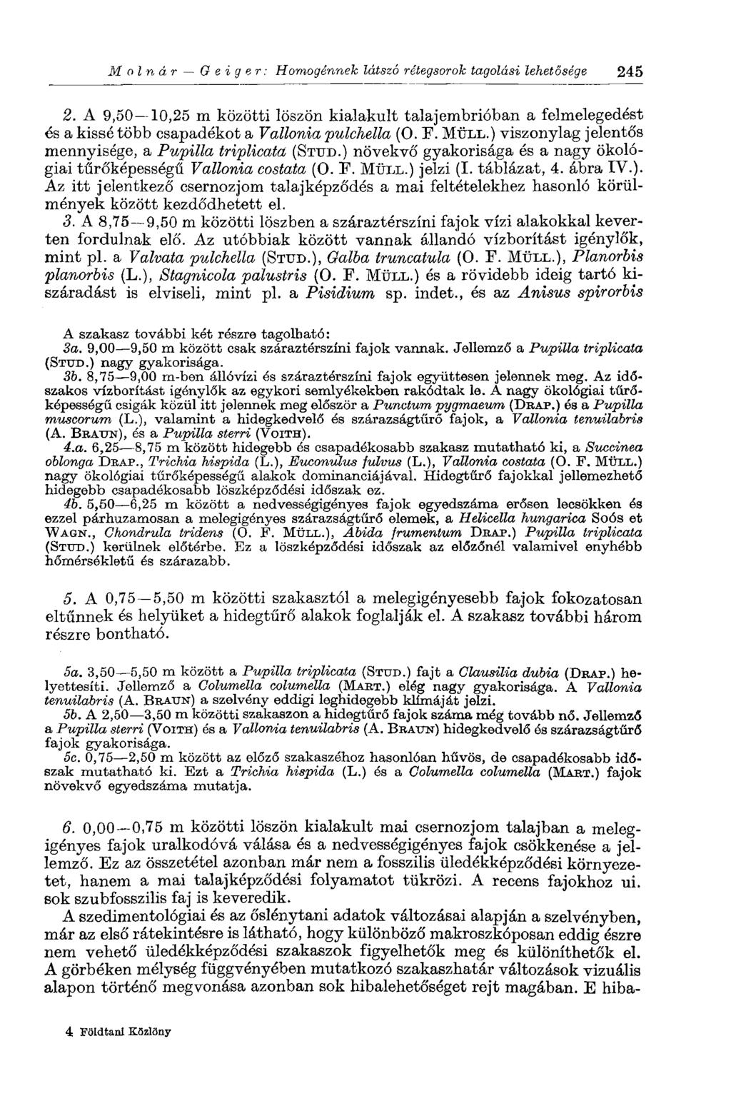 Molnár Geiger: Homogénnek látszó rétegsorok tagolási lehetősége 245 2. A 9,50 10,25 m közötti löszön kialakult talajembrióban a felmelegedést és a kissé több csapadékot a Vallonia pulchella (0. F.