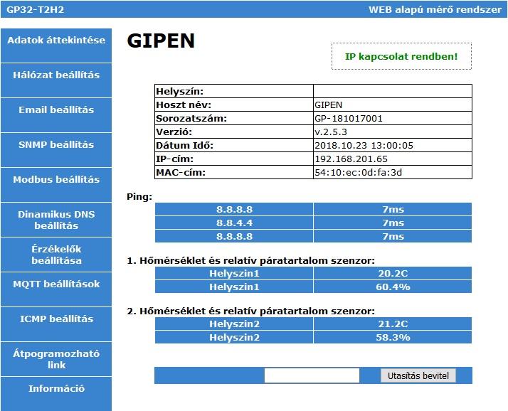 Adatok áttekintése GP32-T2H2 A GP32-T2H2 eszköz főoldalának képe - kettő hőmérő