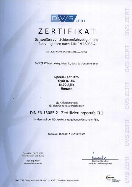 Tanúsítványok és Hegesztőtanúsítványok a EN 15085-2 szerint A következő tanúsítványokkal rendelkezünk: Tanúsítvány EN 15085-2 SLV Hannover Vasúti járműszerkezetek és alkatrészeinek hegesztése