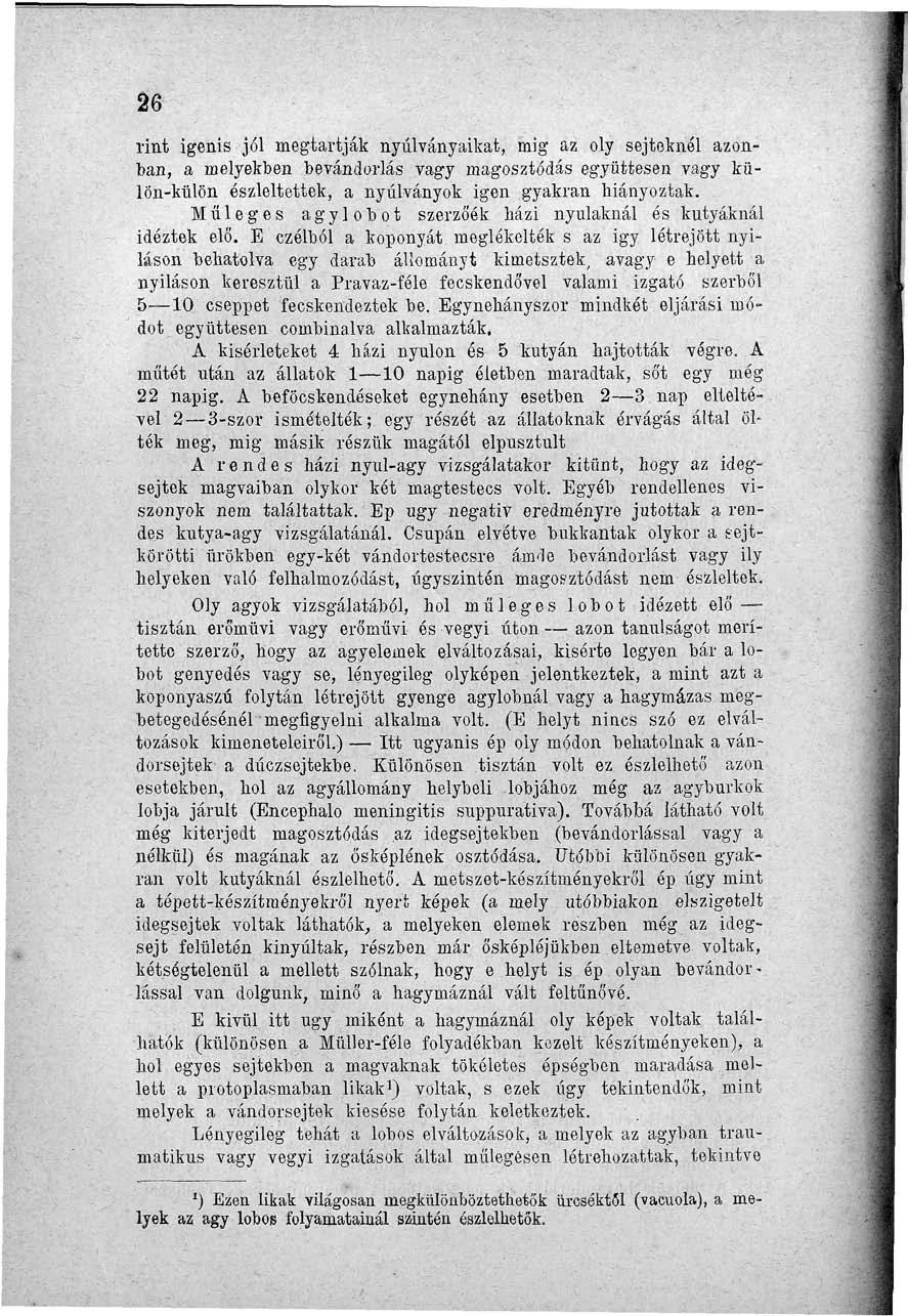 26 rint igenis jól megtartják nyúlványaikat, ínig az oly sejteknél azonban, a melyekben bevándorlás vagy magosztódás együttesen vagy külön-külön észleltettek, a.nyúlványok igen gyakran hiányoztak.