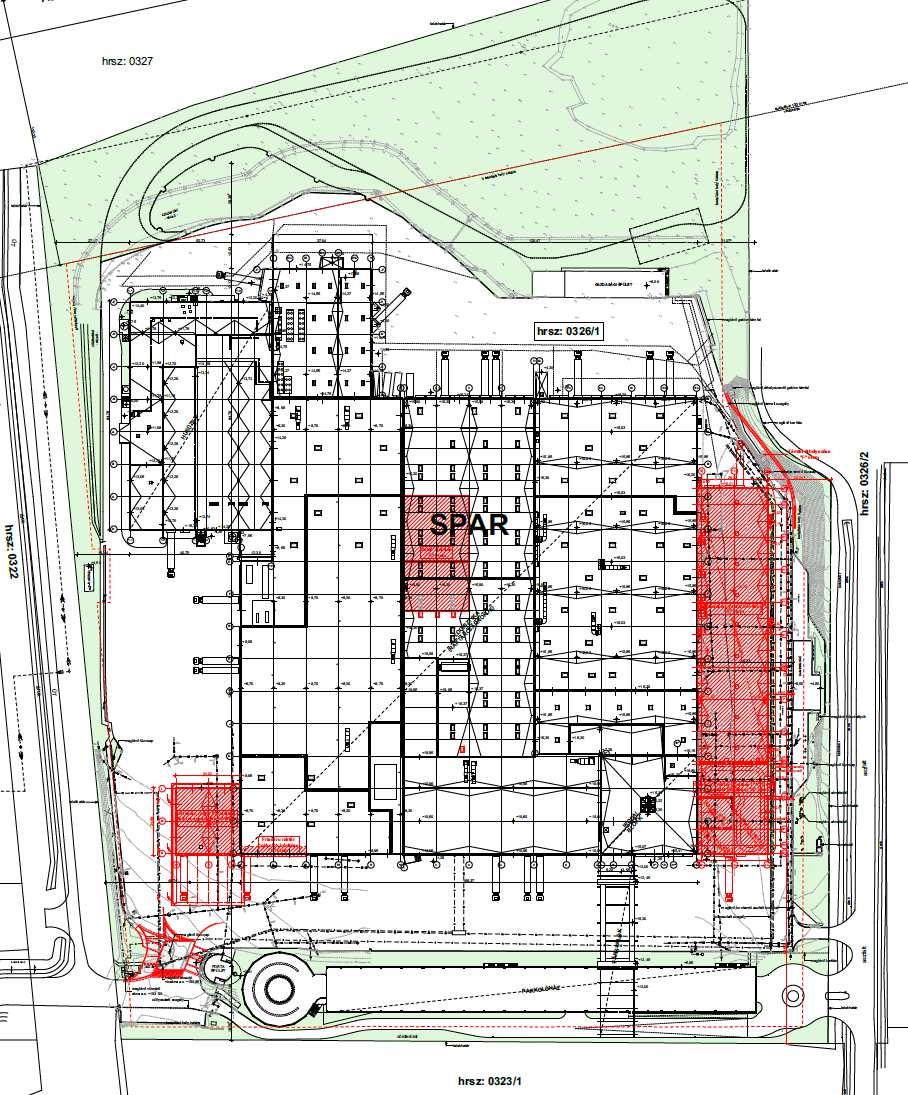 A SPAR Központ területén tervezett bővítések pirossal jelölve A jelenlegi beépítés figyelembe vételével az ingatlanokat érintően az építési hely területét pontosítani