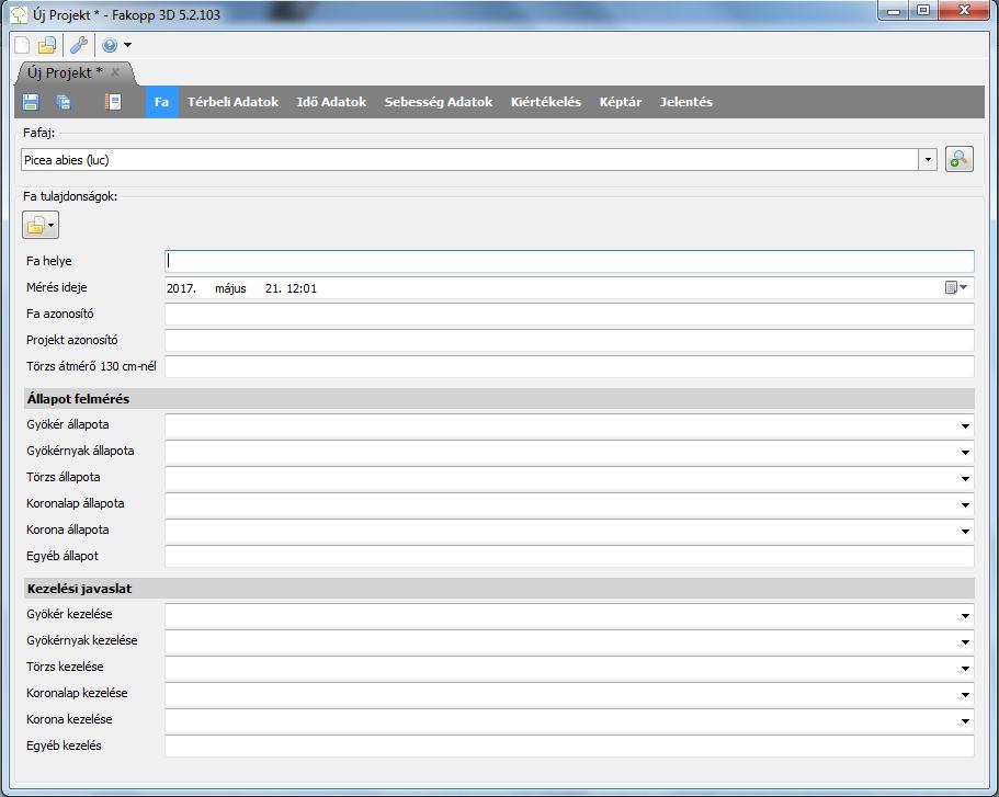 Szoftver Fa tulajdonságok Az első oldal a fa általános adatait tartalmazza. A fafajt mindenképpen ki kell választani, mielőtt tovább lépünk a következő fülre!
