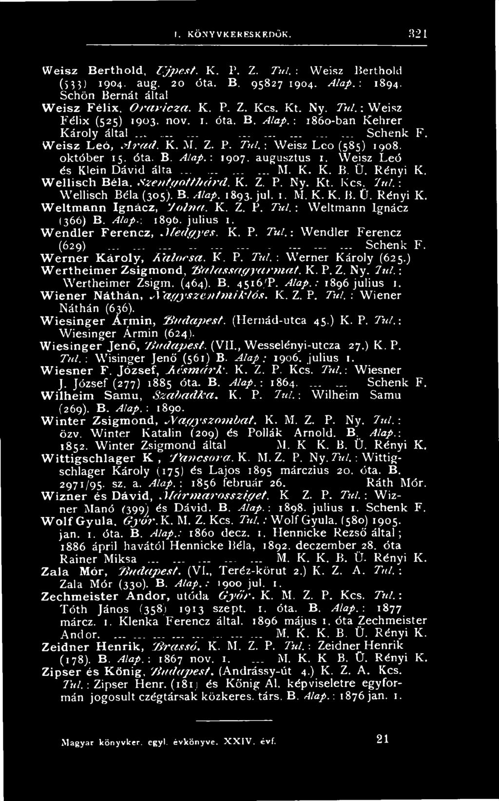 : W e llis c h B é la (3 0 5 ). B. Alap. 1 8 9 3. ju l. 1. M. K. K. B. Ü. R é n y i K. W e l t m a n n I g n á c z, T o ln a. K. Z. P. Túl. : W e ltm a n n lg n á c z (3 6 6 ) B. Alap.-. 1 8 9 6.