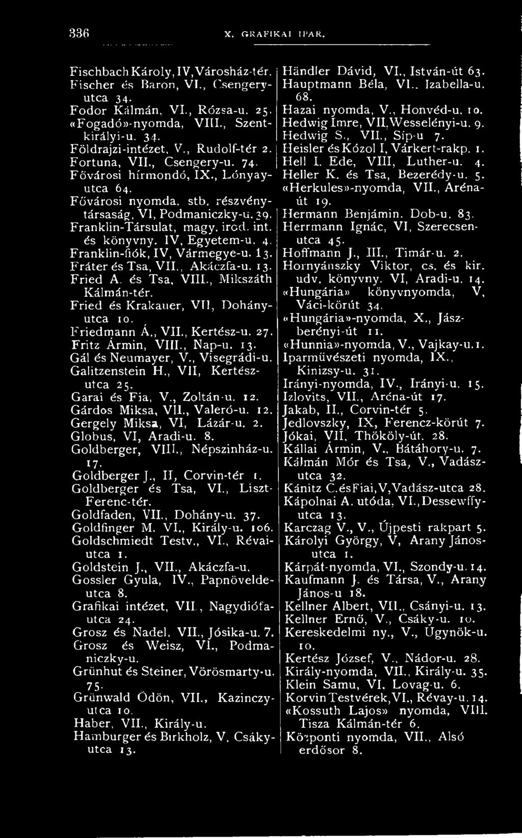 2. Glóbus, VI, Aradi-u. 8. Goldberger, VIII., Népszinház-u. 17- Goldberger J., II, Corvin-tér 1. Goldberger és Tsa, VI., Liszt- Ferenc-tér. Goldfaden, VII., Dohány-u. 37. Goldfinger M. VI., Király-u.