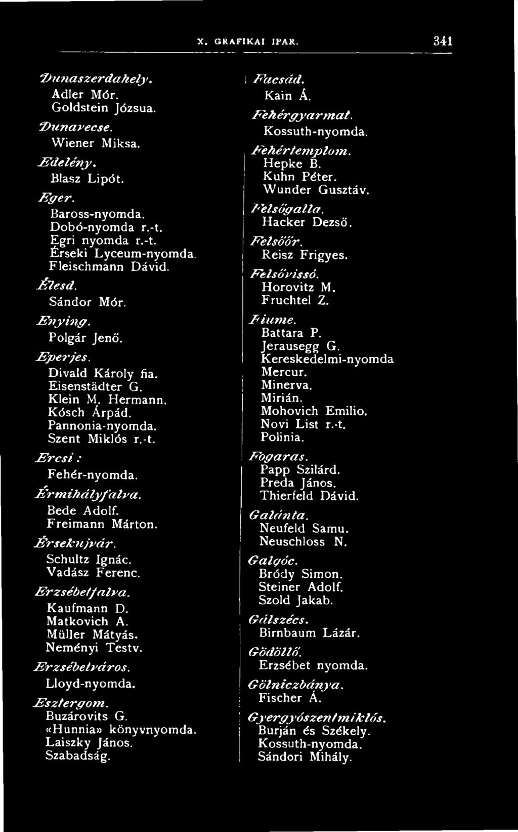 E r c s i : Fehér-nyomda. É rm ih á ly /á lra. Bede Adolf. Freimann Márton. É r s e k ú jv á r. Schultz Ignác. Vadász Ferenc. E rzséb et/a lv a. Kaufmann D. Matkovich A. Müller Mátyás. Neményi Testv.