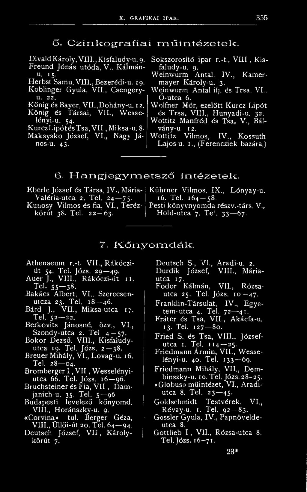 W o lfn e r M ó r, e z e lő tt K u rc z L ip ó t é s T r s a, V I I I., H u n y a d i-u. 32. W o ttitz M a n fréd é s T s a, V., B á l- ván y -u 12. W o ttitz V ilm o s, I V.