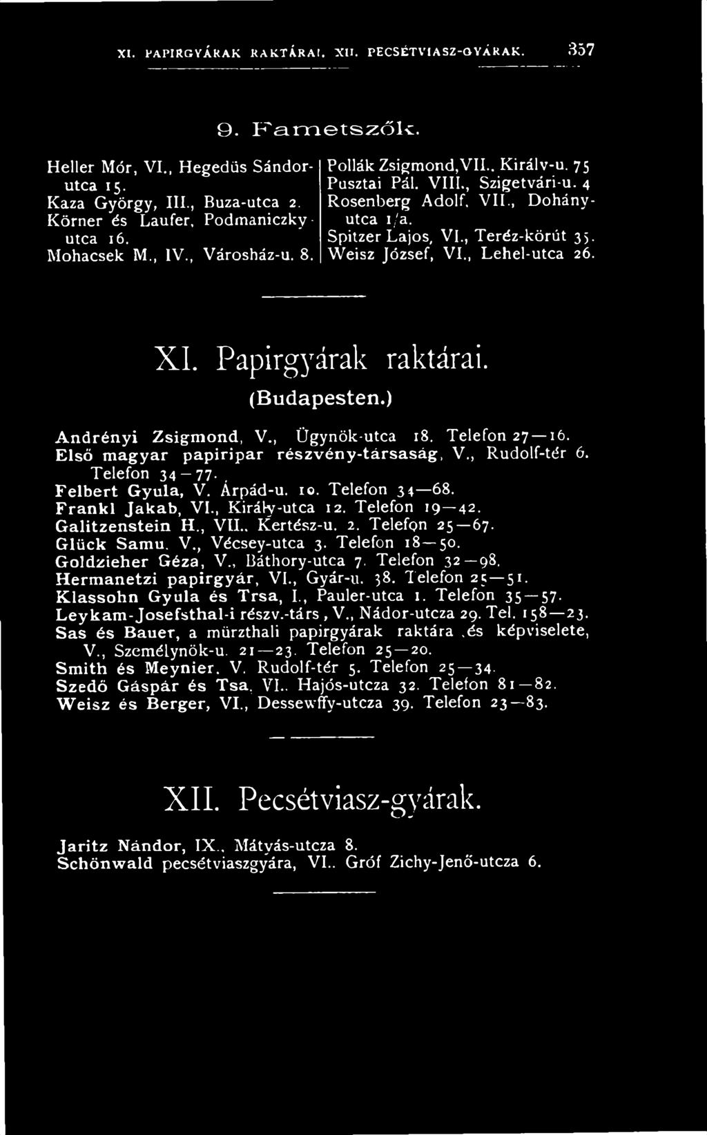 , R u d o lf-té r 6. T e le fo n 34 77. Felbert Gyula, V. Á rp ád -u. 10. T e le fo n 3 4 6 8. Franki Jakab, V I., K ir á ly -u tc a 12. T e le fo n 1 9 4 2. Galitzenstein H., V II., K e rté s z -u.