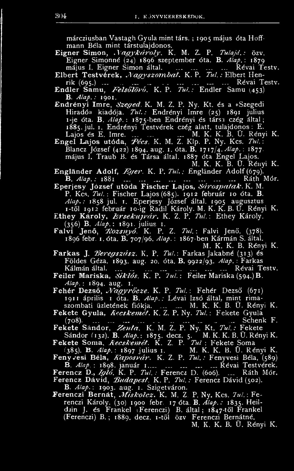 : 1 8 7 5 -b e n E n d r é n y i é s tá rsa c z é g á lta l; 1 8 8 5. ju l. 1. E n d r é n y i T e s t v é r e k czég a la tt, t u la jd o n o s : E. L a jo s é s E. Im re.......... M. K. K. B. Ü.