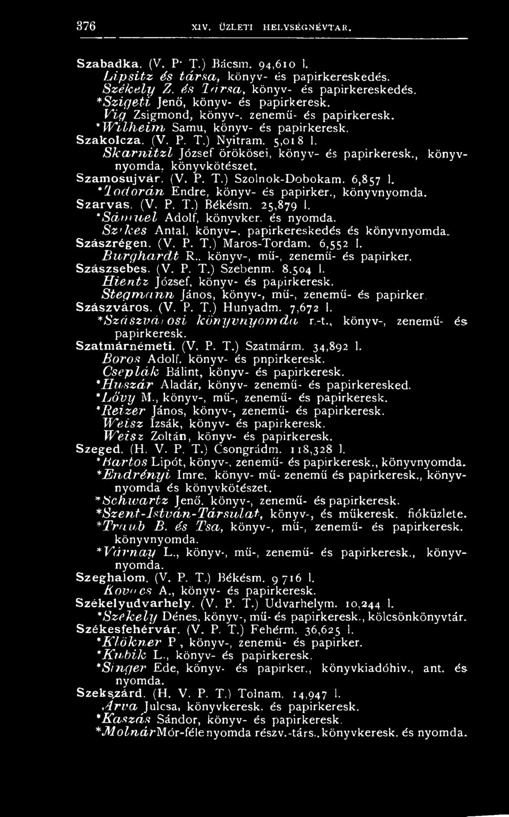 (V. P. T.) B ék ésm. 25,879 1. *Sám uel A d o lf, k ö n y v k é n é s n y o m d a. SZ kes A n ta l, k ö n y v -, p a p ir k e r e s k e d é s é s k ö n y v n y o m d a.. Szászrégen. ( V. P. T.) M a r o s -T o r d a m.