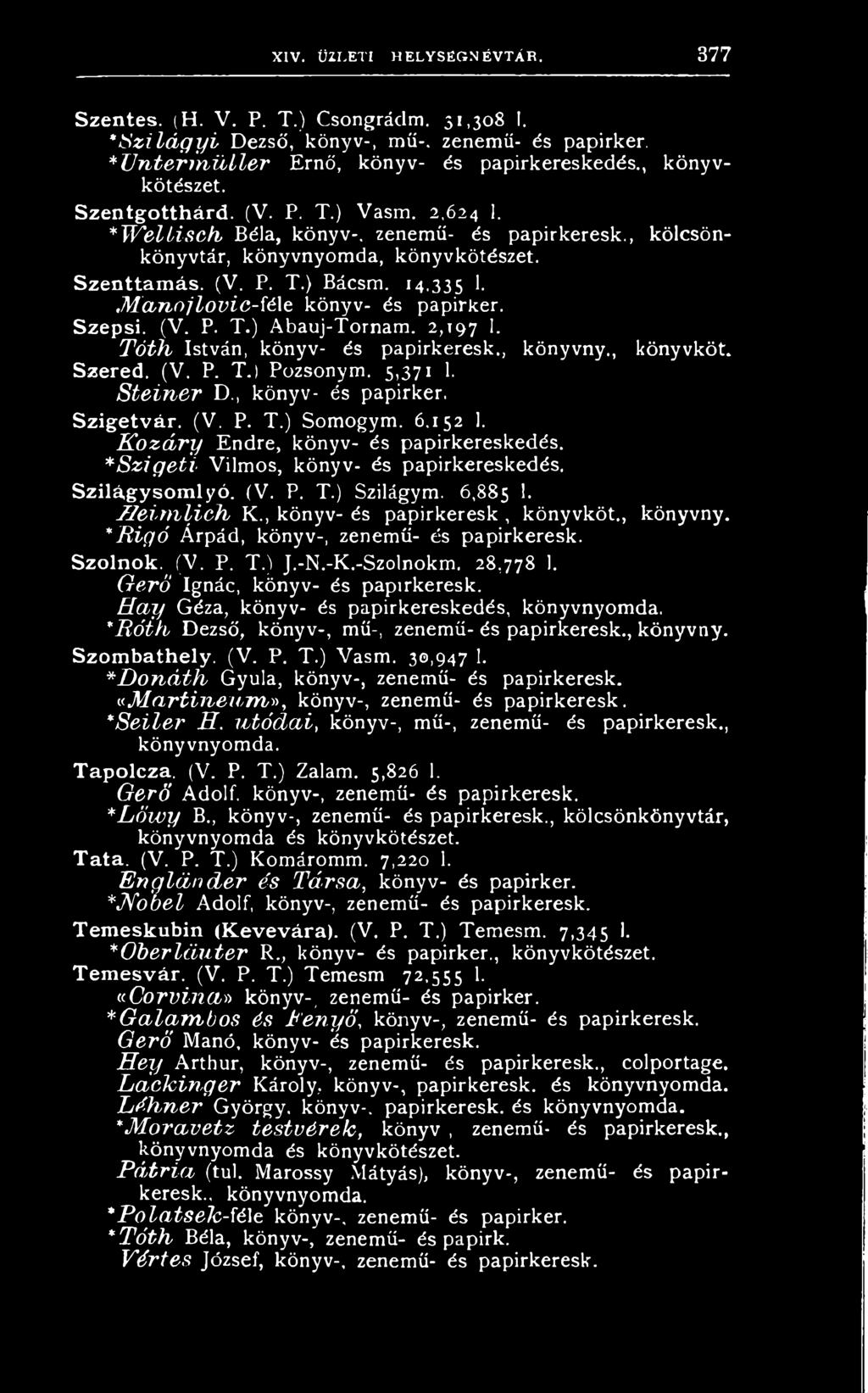 Szered. ( V. P. T.) P o z s o n y m. 5,3 7 1 1. Steiner D., k ö n y v - é s p a p irk e r. Szigetvár. (V. P. T.) S o m o g y m. 6.15 2 1.