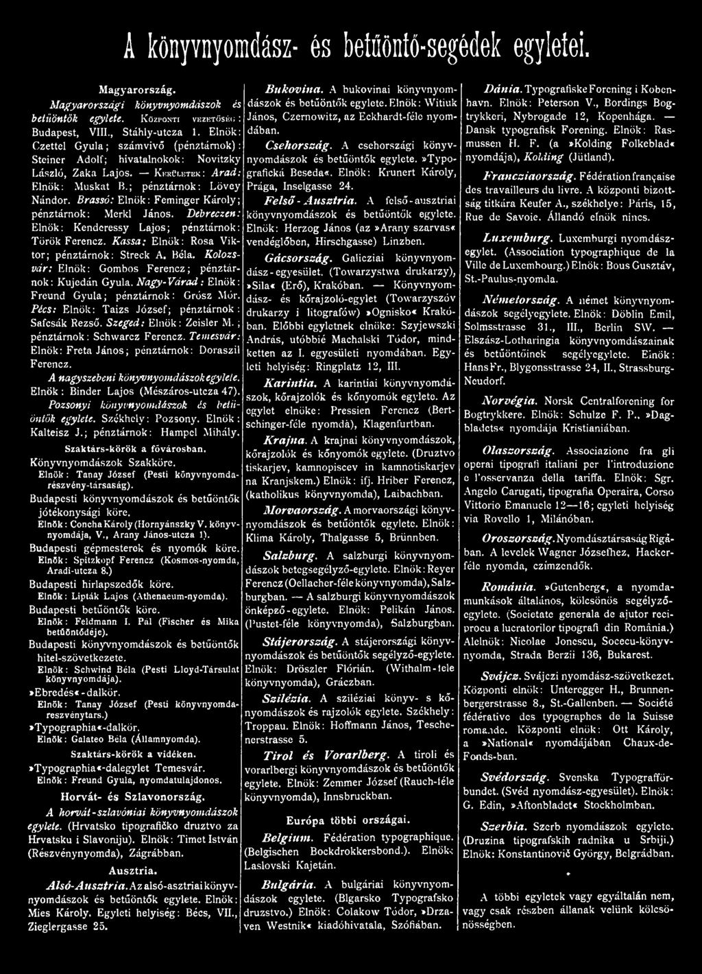 K e r ü l e t e k : A r a d : Elnök: Muskat B.; pénztárnok: Lövey Nándor. B r a s s ó : Elnök: Feminger Károly; pénztárnok: Merkl János.