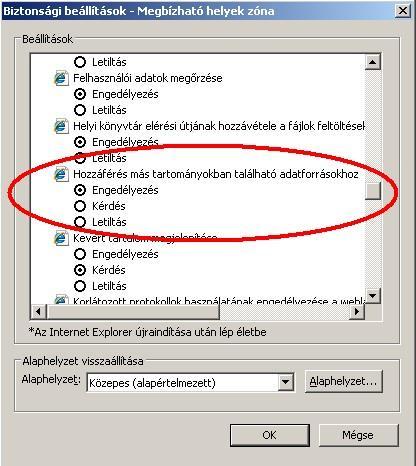 6. Görgessük tovább a listát az alábbi mezőig (Hozzáférés más tartományokban található adatforrásokhoz), ahol szintén át kell állítani a