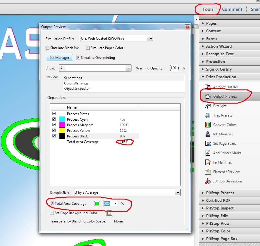 Adobe Acrobat X Pro programmal ellenőrizni tudjuk a színbontást és a színek terhelését. Total Area Coverage (TAC) Megmutatja, hogy egy adott pontban mekkora a színkivonatok összeadódó fedettsége.