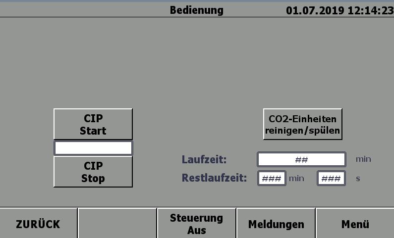 CIP tisztítóprogram Kezelés CIP Start CO2-egységek tisztítása/öblítése CIP Stop Futásidő: Hátralevő min min s VISSZA Vezérlés ki Üzenetek Menü CIP Start CIP Stop CO2-egységek tisztítása / öblítése