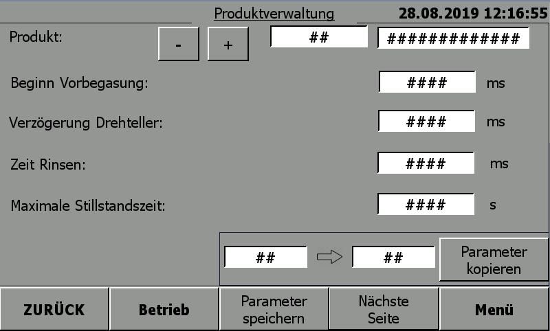 Termékkezelés III A fehér mezőkben jelennek meg a paraméterek (pl. referenciapozíció, nyomás stb.).