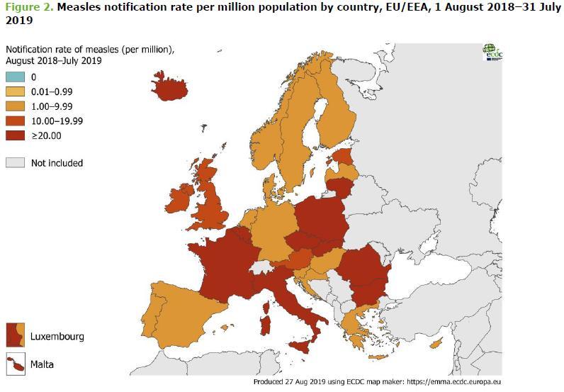 Bejelentett kanyaró megbetegedések 1 millió lakosra; EU/EEA országokban; 2018. aug 2019.