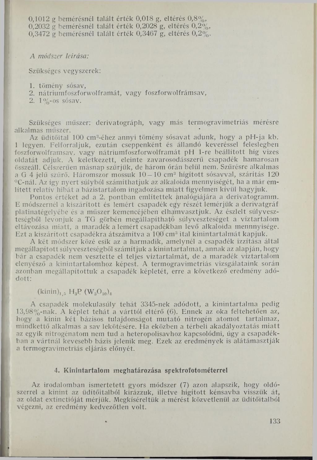 0,1012 g bemérésnél talált érték 0,018 g, eltérés 0,8%, 0,2032 g bemérésnél talált érték 0,2028 g, eltérés 0,2%, 0,3472 g bemérésnél talált érték 0,3467 g, eltérés 0,2%.