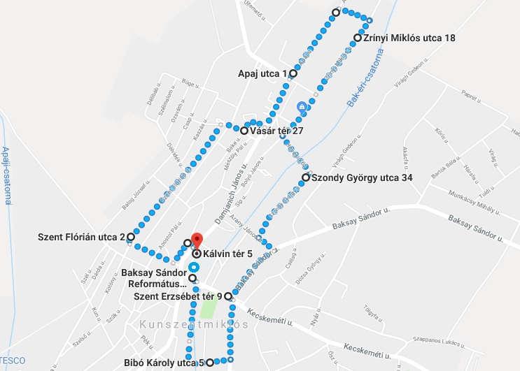 3. sz. térkép 5000 m Kálvin tér 17. az Általános Iskola kapuján áthaladva a Kálvin tér 6. (Kormányhivatal) érintésével az Endrédy út-kálvin tér 11.