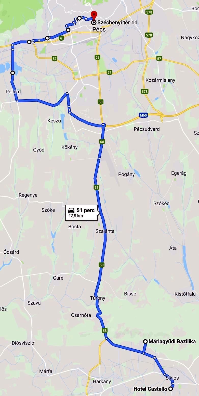 MÁRIAGYŰD PÉCS (péntek) Máriagyűdi Bazilikától 800 m után a Vujicsics u. végén jobbra 2.8km Az 58-as úthoz érve jobbra Pécs felé 15.5km 58-as útról az M60-as hídja után Szigetvár (Pécs-nyugat) felé 2.
