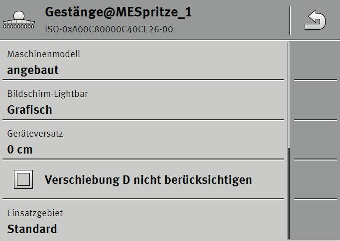 ¾SectionControl beállításai / terminál beállításai: Gestänge@MESpritze_1 ISO-0xA00C80000C40CE26-00 Gépmodell felszerelt Képernyő-fényhíd grafikus Gép kitérése 0 cm Gépmodell = felszerelt A D eltolást