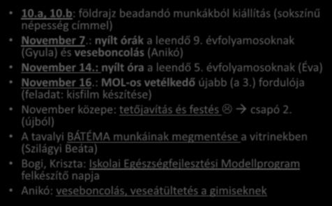 November 10.a, 10.b: földrajz beadandó munkákból kiállítás (sokszínű népesség címmel) November 7.: nyílt órák a leendő 9. évfolyamosoknak (Gyula) és veseboncolás (Anikó) November 14.